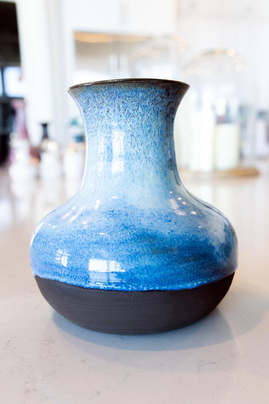 Medium Large Decorative Stoneware Pot (Dark Chocolate, Creams, & Blues)