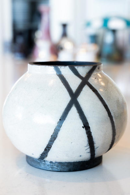 Medium RAKU Decorative Crackled Pot (Pinkish White & Carbon Black)