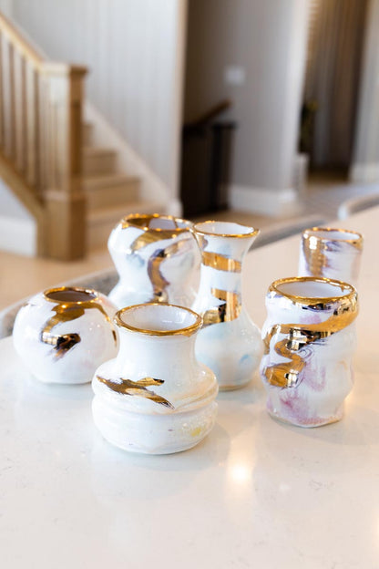 SET OF 6 Small Porcelain Pots with REAL GOLD Highlights & Accents