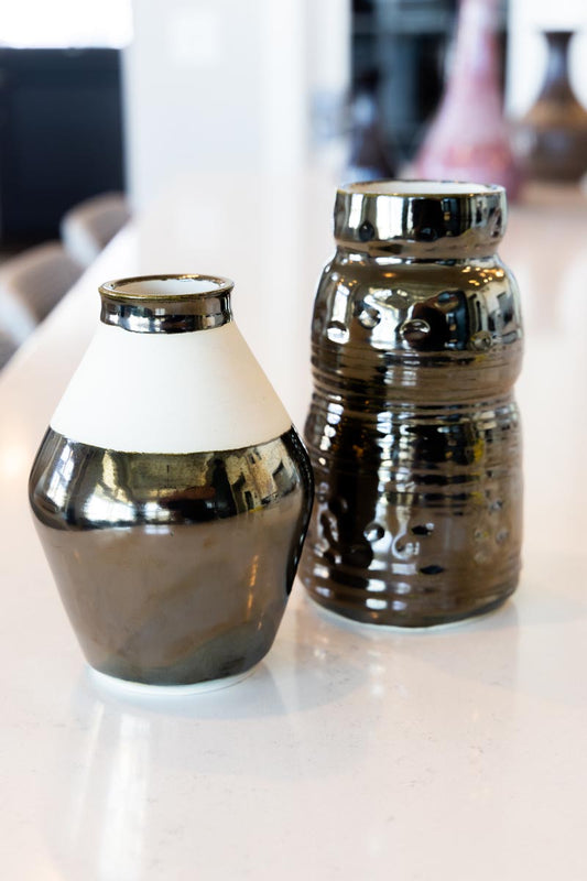 SET OF 2 Medium-Small & Large Reflective Metallic Porcelain Vases