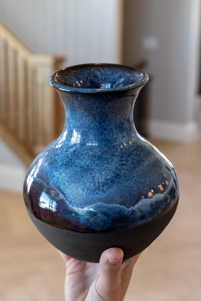 Medium Large Decorative Stoneware Pot (Dark Chocolate & Cascading Blues)