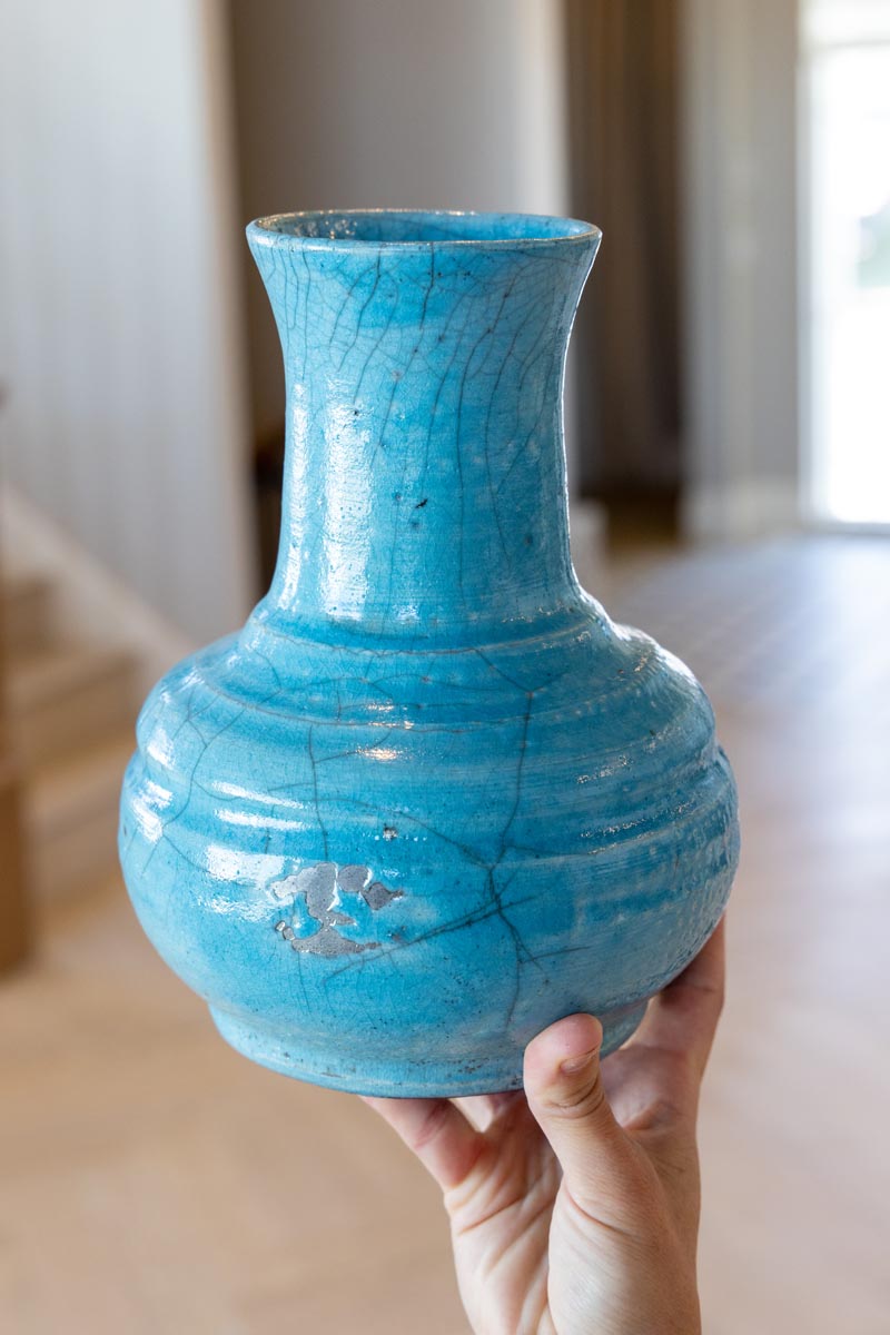 Large RAKU Turquoise Textured & Crackled Pot