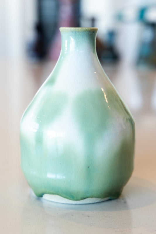 Medium Small Decorative Stoneware Pot (Greens & Creams)