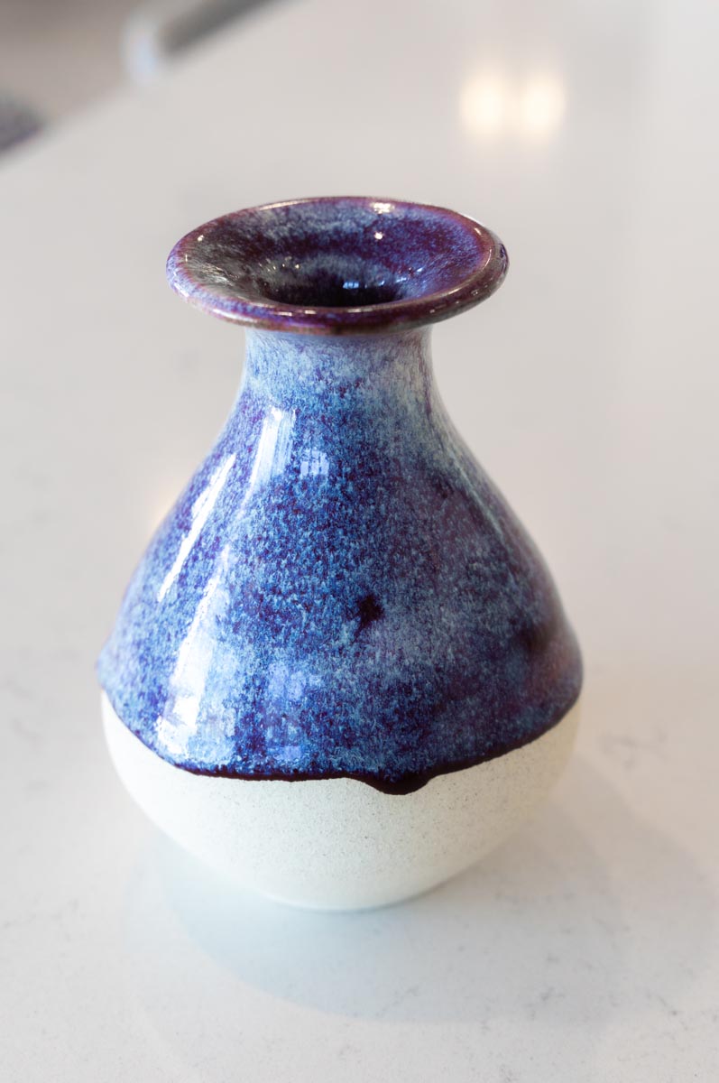 FAMOUS POT FOR SPECIAL OLYMPICS! Medium-Small Decorative Stoneware Bud Vase (Plums & Creams)