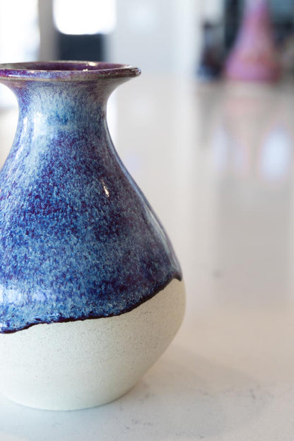 FAMOUS POT FOR SPECIAL OLYMPICS! Medium-Small Decorative Stoneware Bud Vase (Plums & Creams)