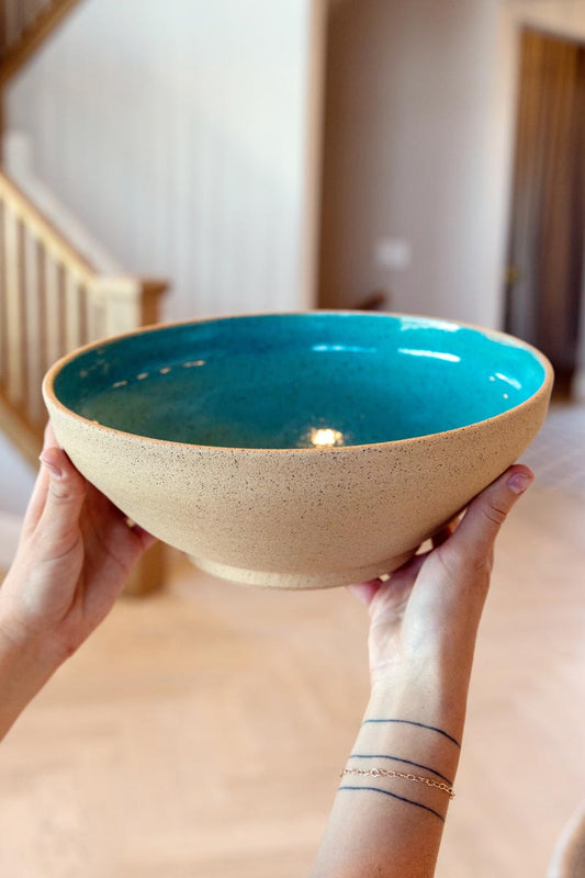 XL Speckled Tan & Turquoise Stoneware Serving Bowl