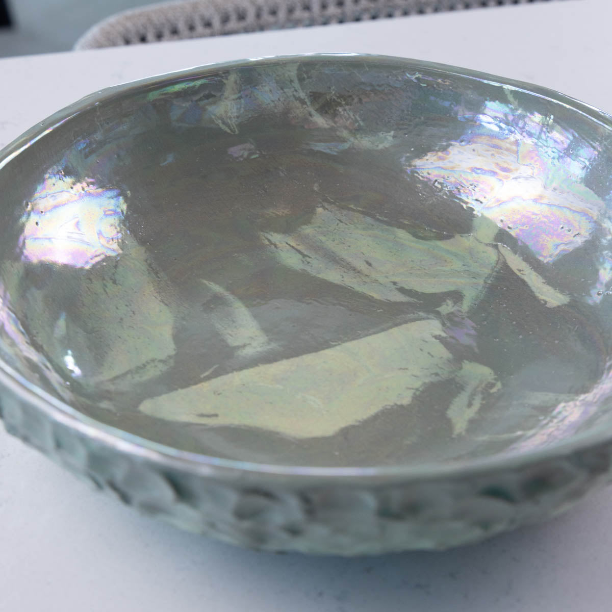 Large Nerikomi Stoneware "Mother of Pearl" Serving/Decorative Bowl - Greens & Creams (Alchemy Collection)