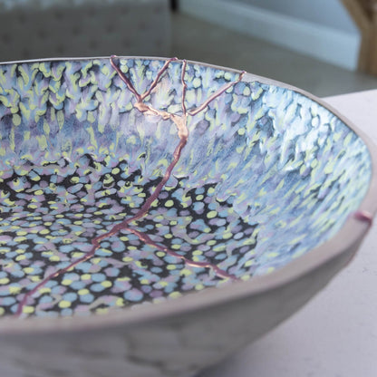 XXL Rose Gold Kintsugi Gray Stoneware Serving/Decorative Bowl - Abstract Mosaic (Alchemy Collection)
