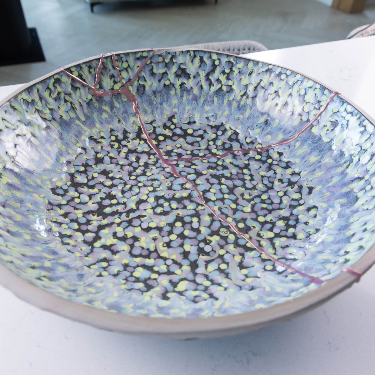 XXL Rose Gold Kintsugi Gray Stoneware Serving/Decorative Bowl - Abstract Mosaic (Alchemy Collection)