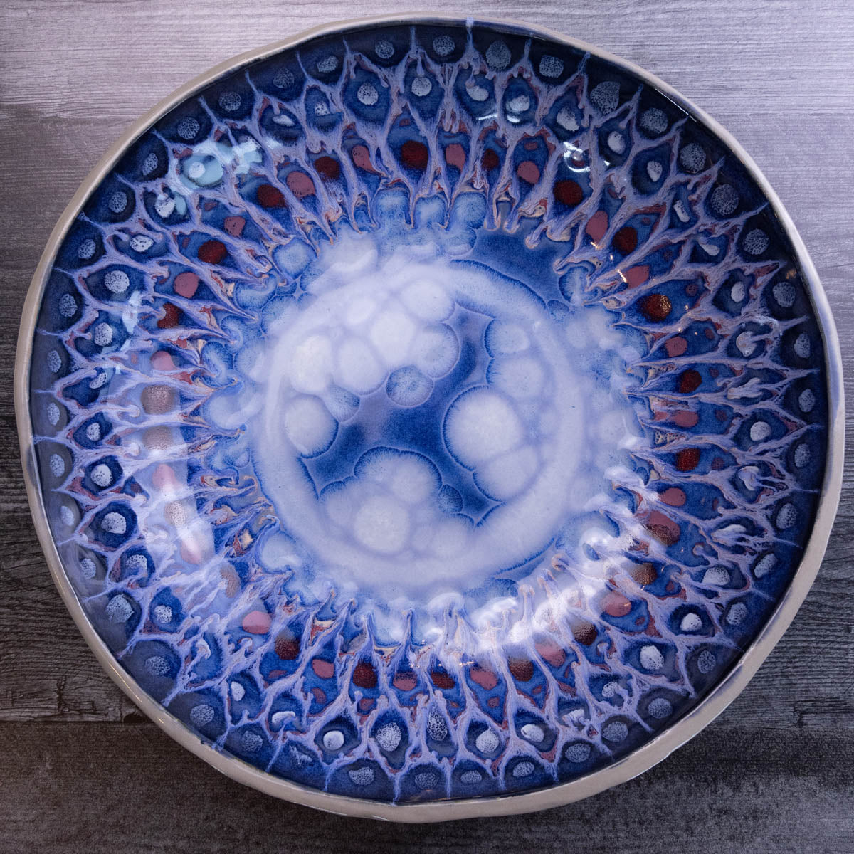 XXL Gray Stoneware Serving/Decorative Bowl - Blues, Roses, & Whites (Alchemy Collection) - Seconds