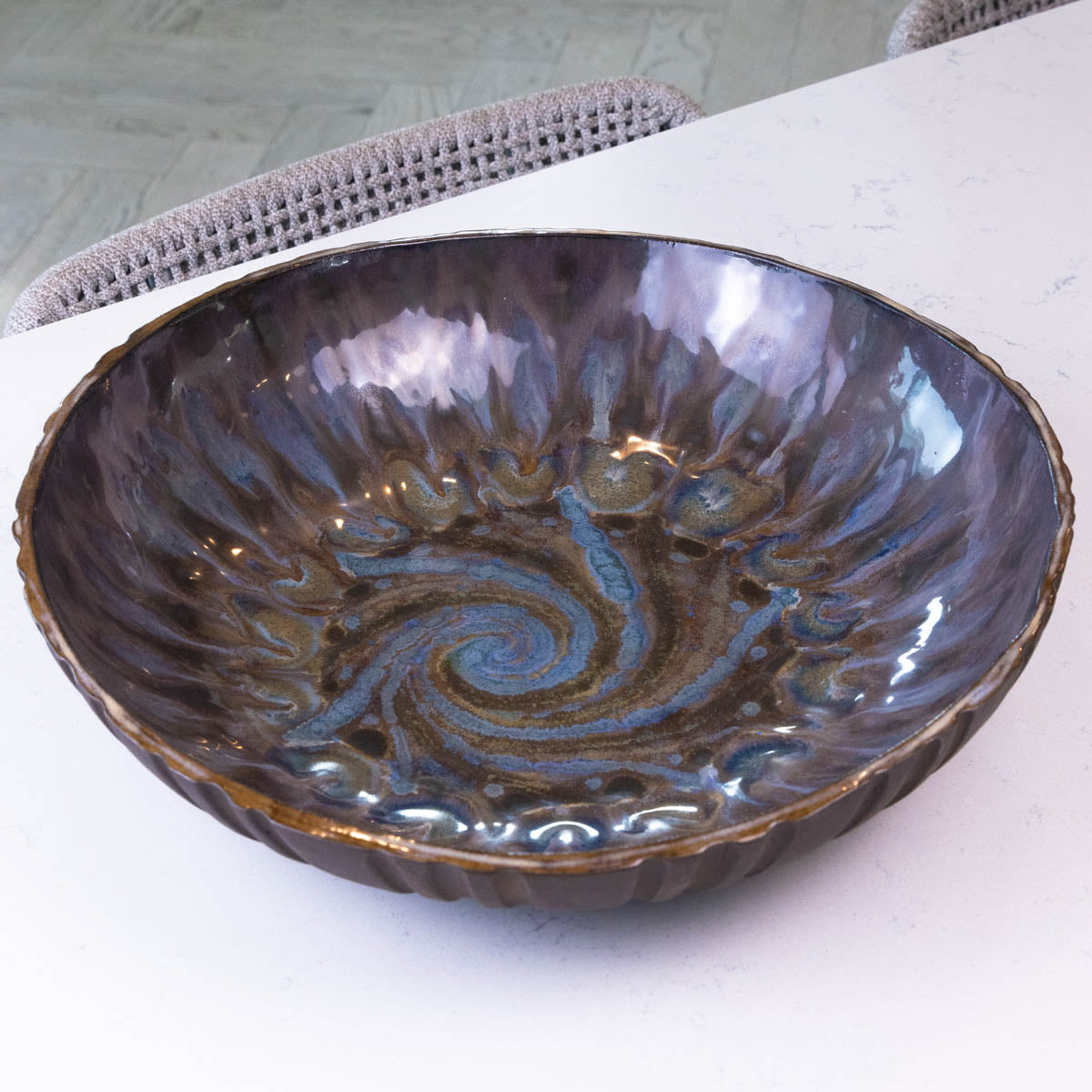 XXL Black Stoneware Serving/Decorative Bowl - Dark Blues & Tans with Swirl (Alchemy Collection)