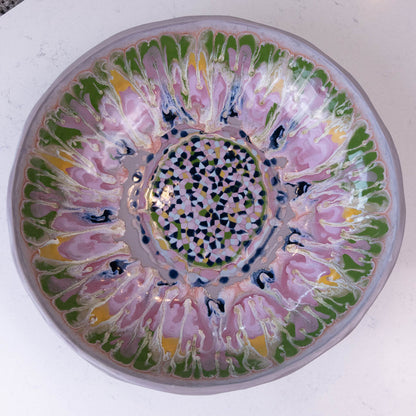 XXL Gray Stoneware Serving/Decorative Bowl - Pinks, Greens, Yellows, & Blues with Mosaic Bottom (Alchemy Collection)