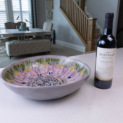 XXL Gray Stoneware Serving/Decorative Bowl - Pinks, Greens, Yellows, & Blues with Mosaic Bottom (Alchemy Collection)