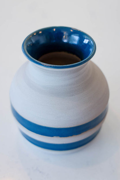 Medium/Large Striped Cement-Style Pot (Navy Blue Stripes)