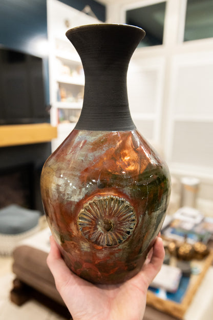 XL Raku Pottery Decorative Sunflower Pot (Coppers, Blacks, & Earthy Greens)