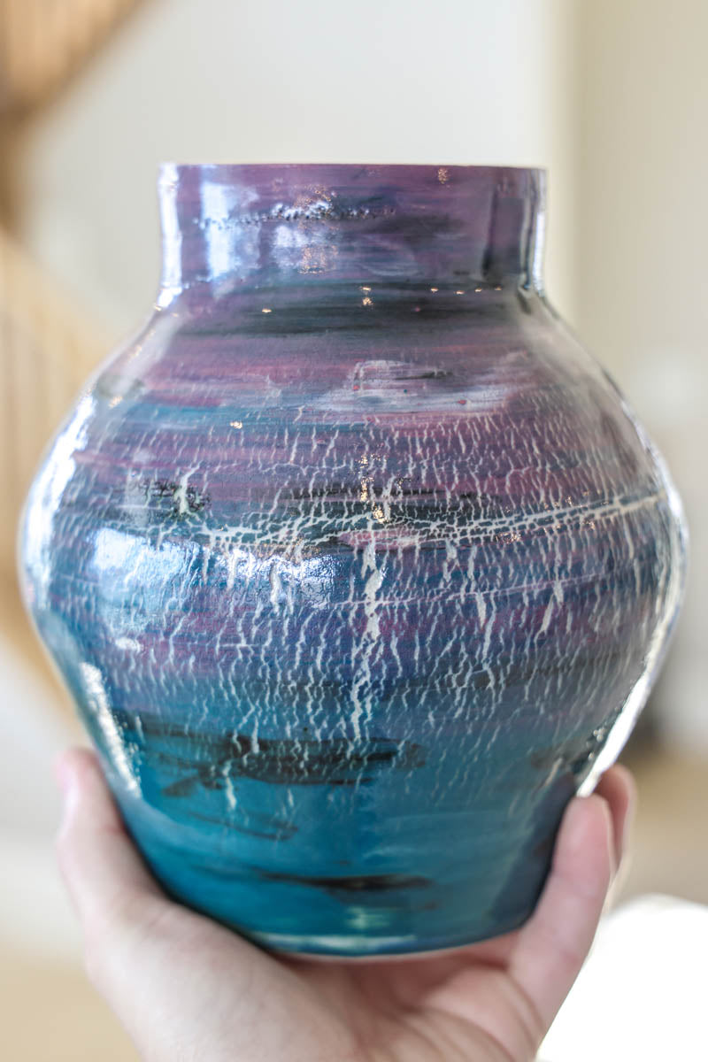 XL Premium Decorated Split-Crack Surface Pot/Vase (Orchid Purples & Turquoises)