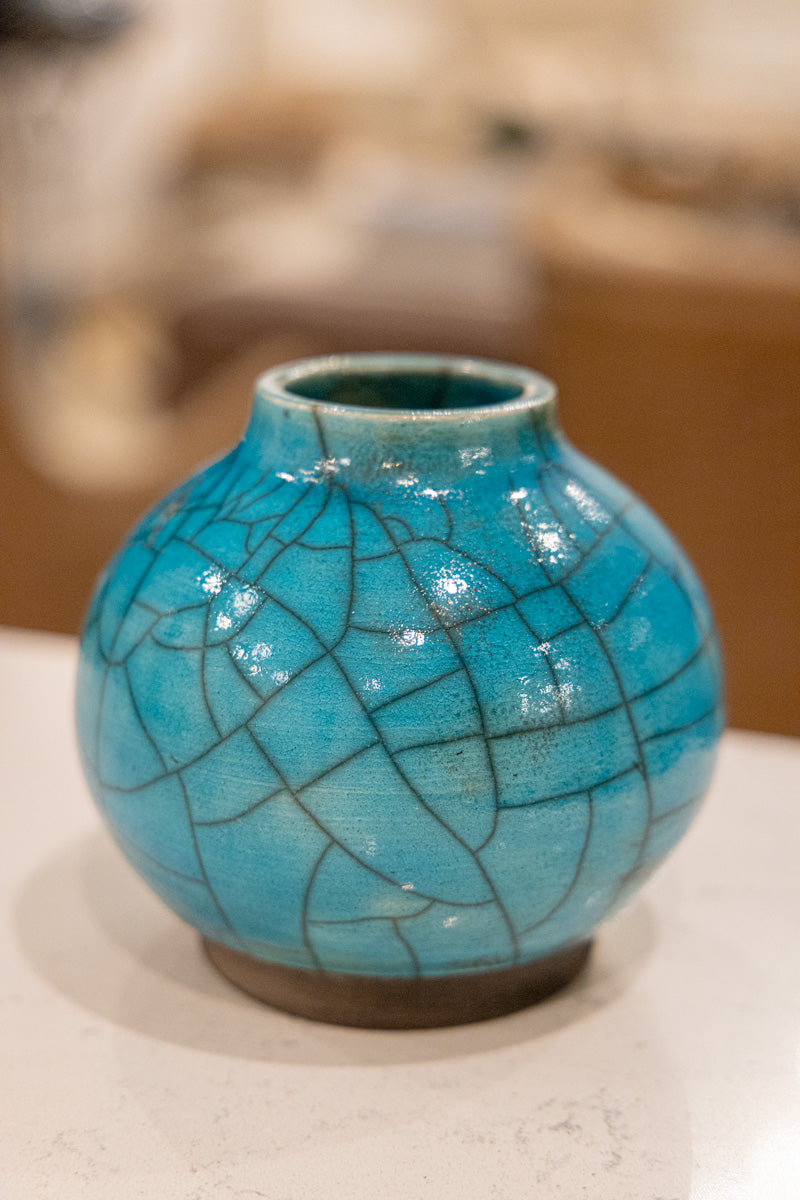 Medium-Small Raku Pottery Decorative  Pot (Large Crackle Turquoise)