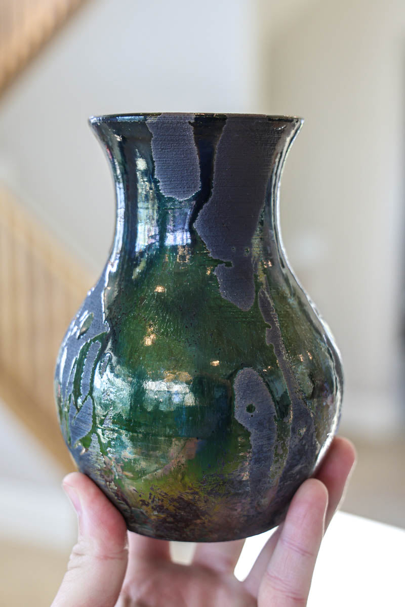 Medium-Large Raku-Fired Decorative Pot (Blacks, Greens, & Coppers)