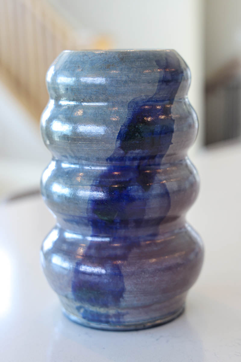 XL Decorative Raku-Fired Vase/Bubbled Edge Watercolor Effect Pot (Tarnished Silver/Gray/Cobalts)