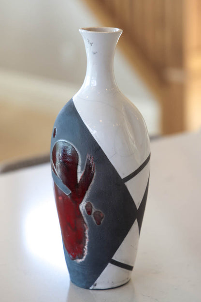 XXL Raku-Fired Flattened-Form Decorative Pot (Whites, Carbon Blacks, & Oxblood Red)