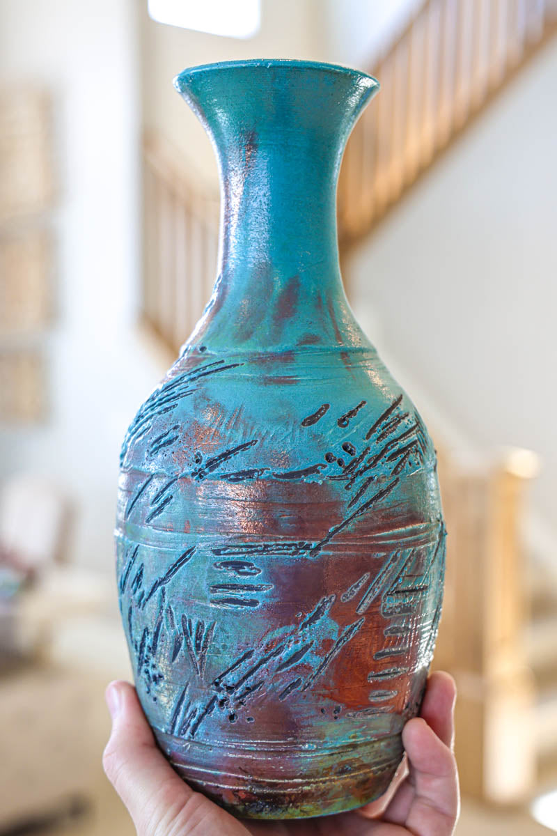 XL Raku-Fired Textured & Aged Decorative Pot (Turquoises, Blacks, & Coppers)