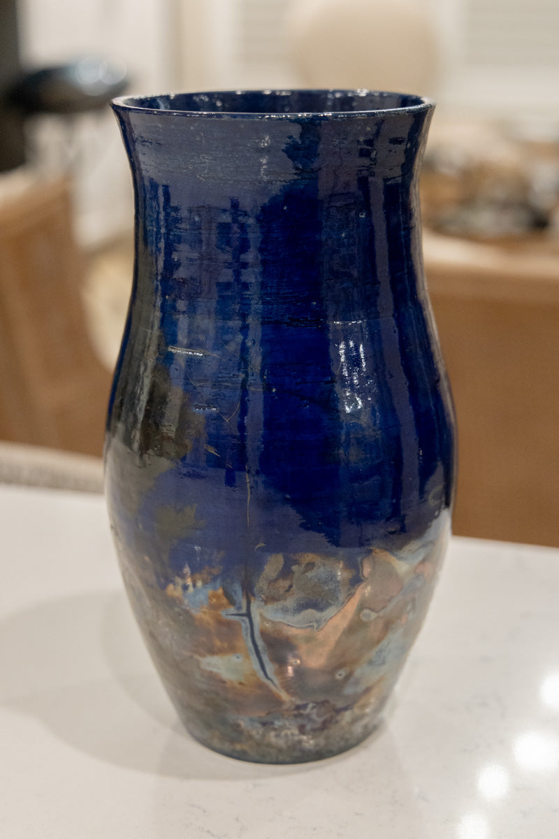 XL Raku Pottery Decorative  Pot/Vase (Cobalt & Deep Silvers)