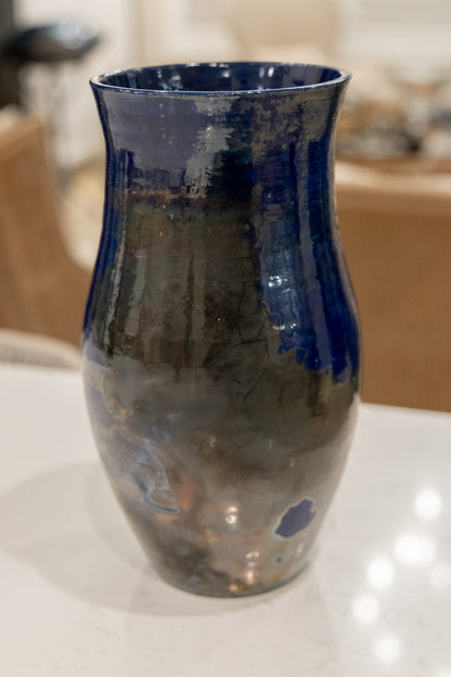 XL Raku Pottery Decorative  Pot/Vase (Cobalt & Deep Silvers)