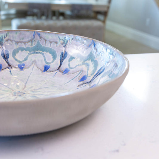 XXL Gray Stoneware Serving/Decorative Bowl - Greens, Blues, & Creams with Floral Center (Alchemy Collection)