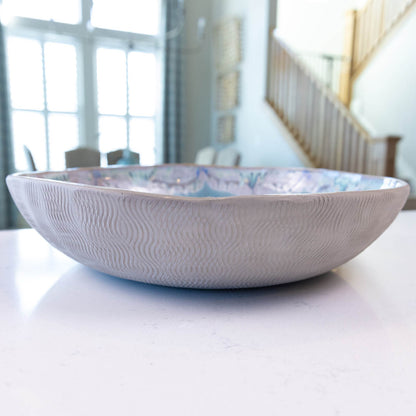 XXL Gray Stoneware Serving/Decorative Bowl - Greens, Blues, & Creams with Floral Center (Alchemy Collection)
