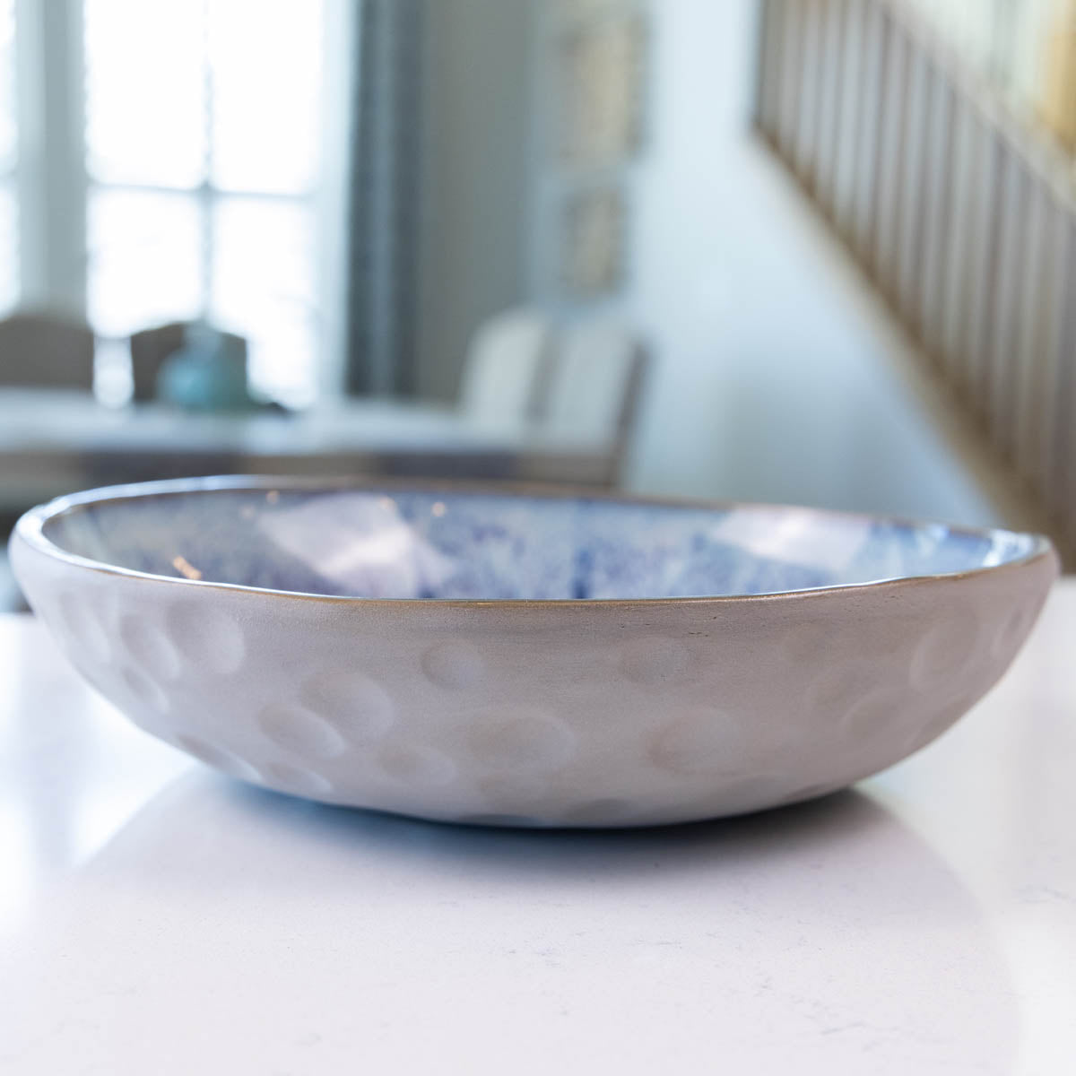 Large Gray Stoneware Serving/Decorative Bowl - Blues & Creams (Alchemy Collection)