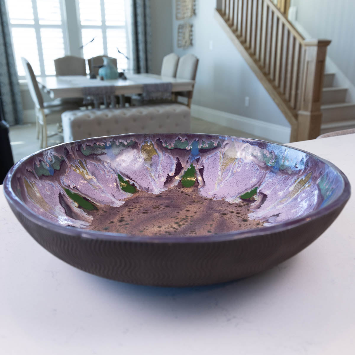 XXL Dark Chocolate Stoneware Serving/Decorative Bowl - Purple Floral Design (Alchemy Collection)