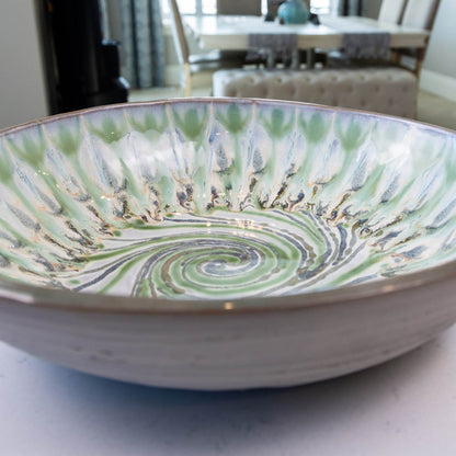 XXL Gray Stoneware Serving/Decorative Bowl Swirl & Greens (Alchemy Collection)