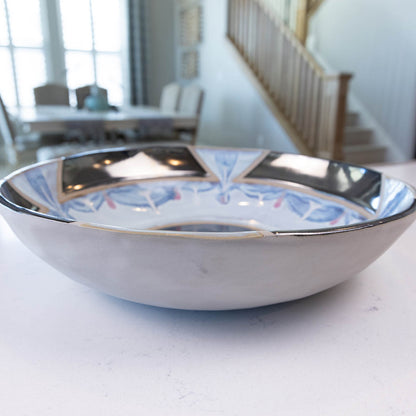 XXL Gray Stoneware Serving/Decorative Bowl - Reflective Surface with Blues, Creams, & Purples (Alchemy Collection)
