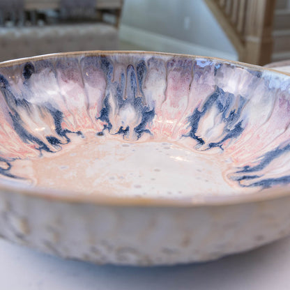 XXL Gray Stoneware Serving/Decorative Bowl Pinks, Blues, & Grays (Alchemy Collection)