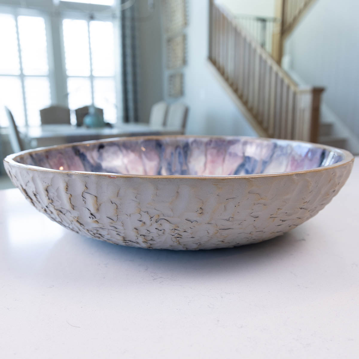 XXL Gray Stoneware Serving/Decorative Bowl Pinks, Blues, & Grays (Alchemy Collection)