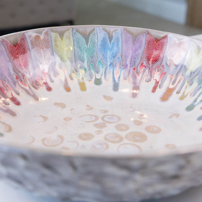 XXL Gray Stoneware Serving/Decorative Bowl - Rainbow Design (Alchemy Collection)