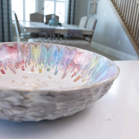 XXL Gray Stoneware Serving/Decorative Bowl - Rainbow Design (Alchemy Collection)