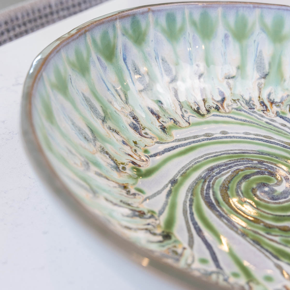 XXL Gray Stoneware Serving/Decorative Bowl Swirl & Greens (Alchemy Collection)