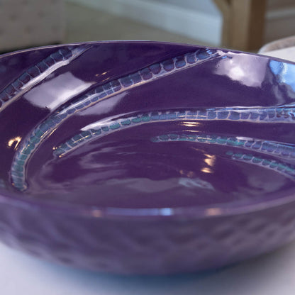 XXL Stoneware Serving/Decorative Bowl - Grooved Dark Earthy Purple (Alchemy Collection)