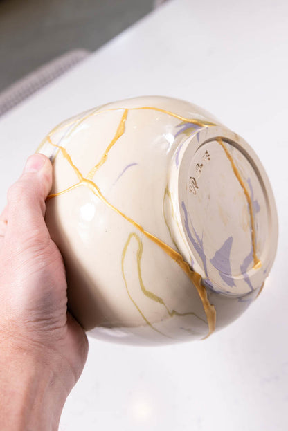 Bowl #03 Medium-Large Kintsugi Stoneware Purple, Gold, & White Bowl (Big Bowl Series)