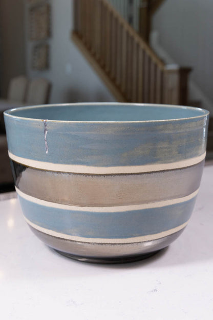 Bowl #42 XXL/Tall Stoneware Kintsugi Earthy Blue & Reflective Palladium Striped Serving Bowl (Big Bowl Series)