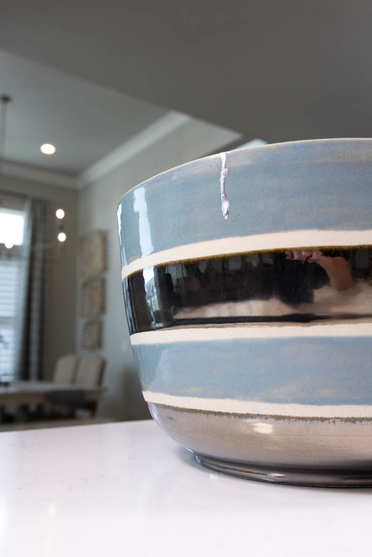 Bowl #42 XXL/Tall Stoneware Kintsugi Earthy Blue & Reflective Palladium Striped Serving Bowl (Big Bowl Series)