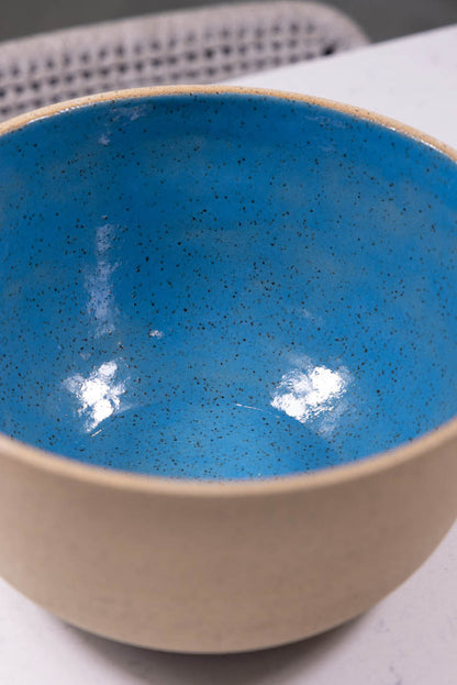 Bowl #08 Speckled Buff Stoneware Mediterranean Blue Interior Serving Bowl (Big Bowl Series)