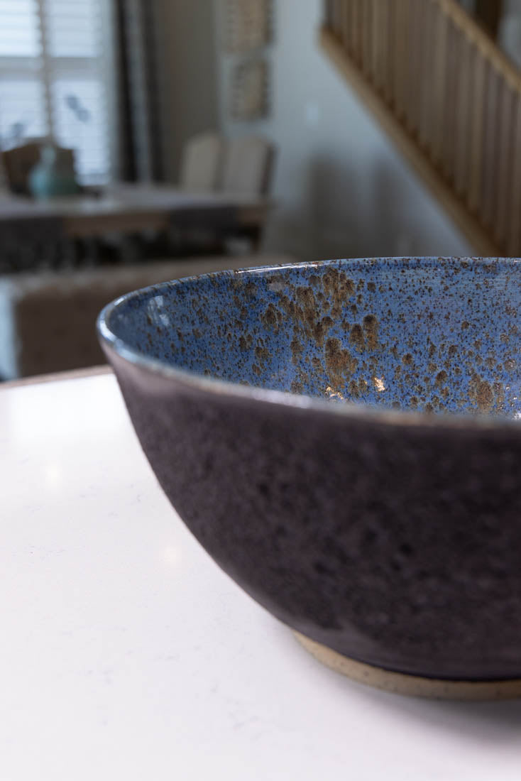 Bowl #43 XL Stoneware Magma Exterior Blue/Black Spotted Interior (Big Bowl Series)