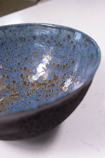 Bowl #43 XL Stoneware Magma Exterior Blue/Black Spotted Interior (Big Bowl Series)