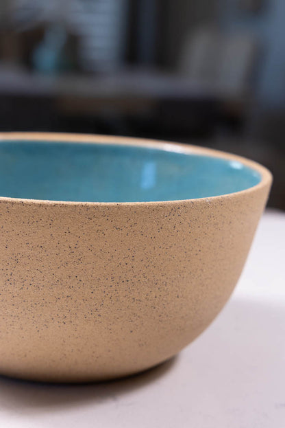 Bowl #06 XL Speckled Buff Stoneware Turquoise Interior Serving Bowl (Big Bowl Series)