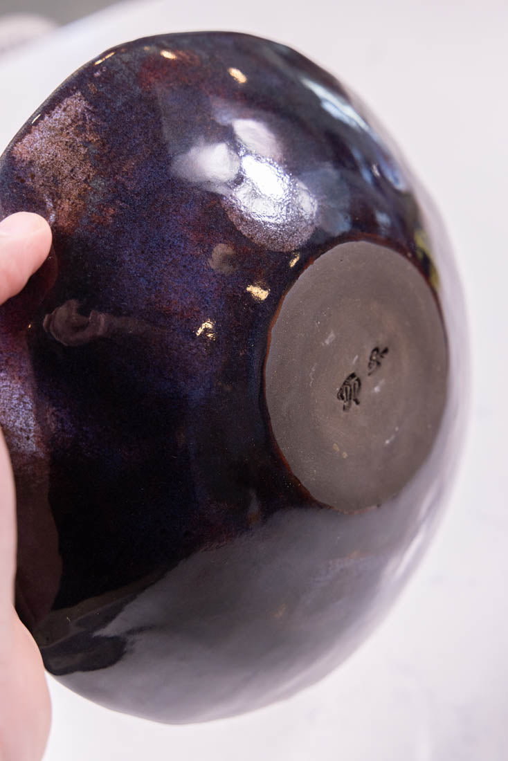 Bowl #47 Medium-Large Stoneware Multi-Colored Dark Serving Bowl (Big Bowl Series)