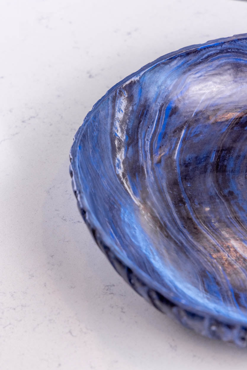 XXL Beautiful Warped Porcelain Nerikomi Fluted Bowl (Blue, White & Black Series)
