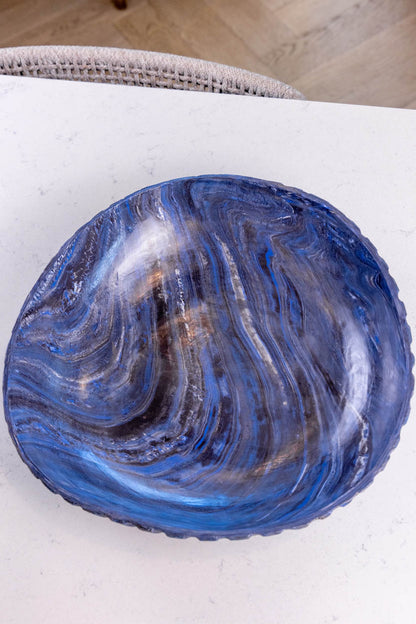 XXL Beautiful Warped Porcelain Nerikomi Fluted Bowl (Blue, White & Black Series)