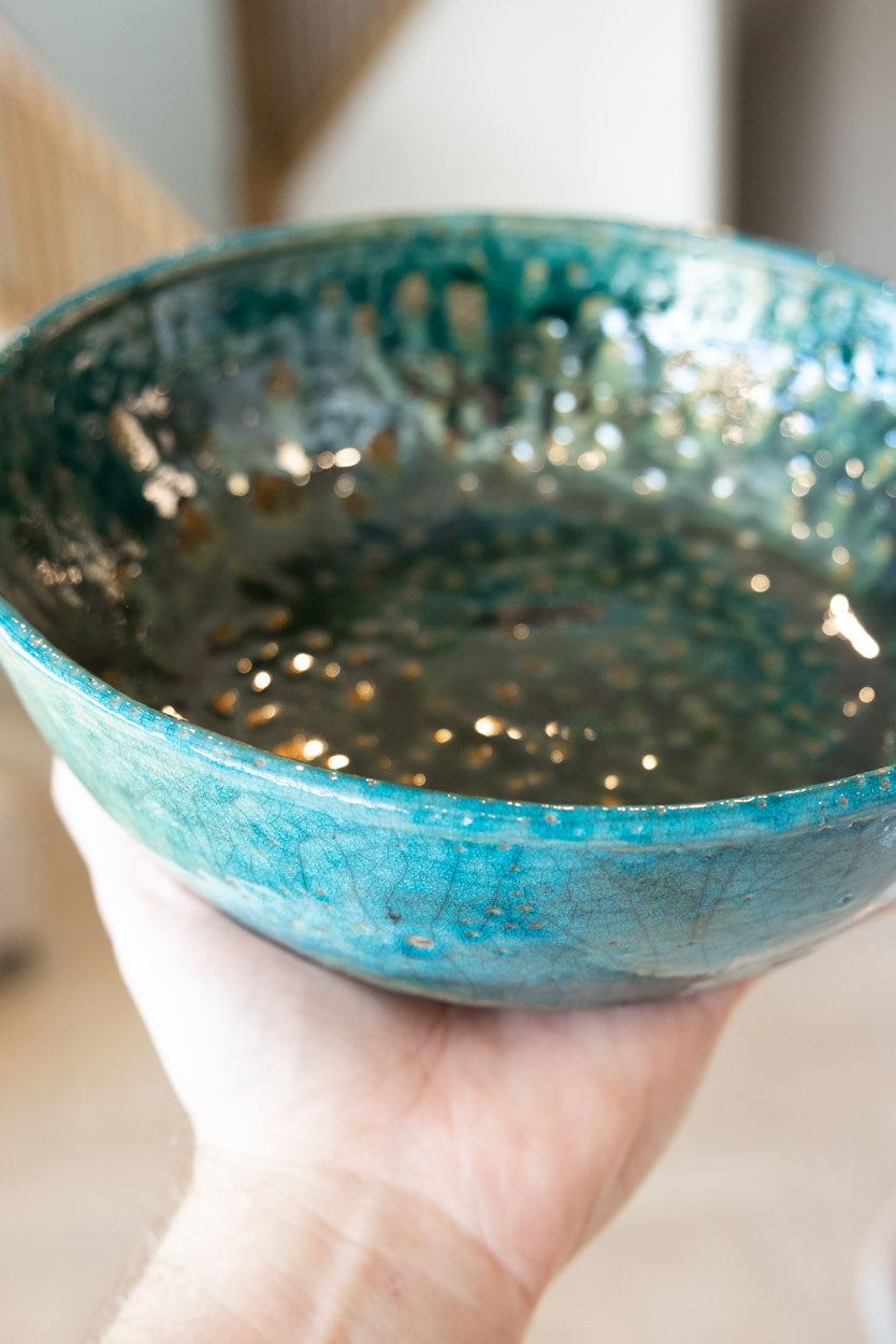 Large Raku Bowl: Turquoise, Tans, Gold Shimmer